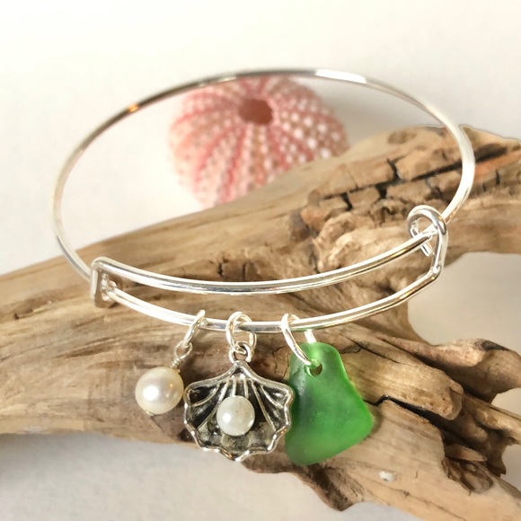 Artisan Jewelry - Adjustable Green Sea Glass Shell Bangle Bracelet